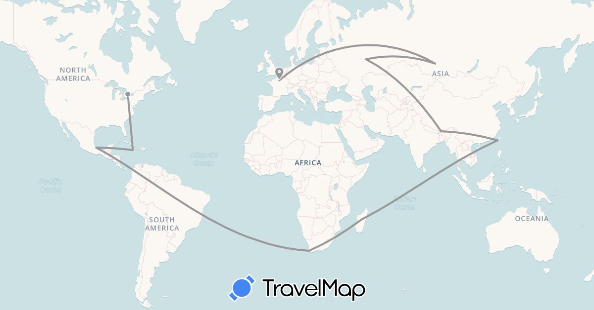 TravelMap itinerary: plane in Bhutan, Canada, France, Jamaica, Madagascar, Mexico, Russia, Taiwan, South Africa (Africa, Asia, Europe, North America)